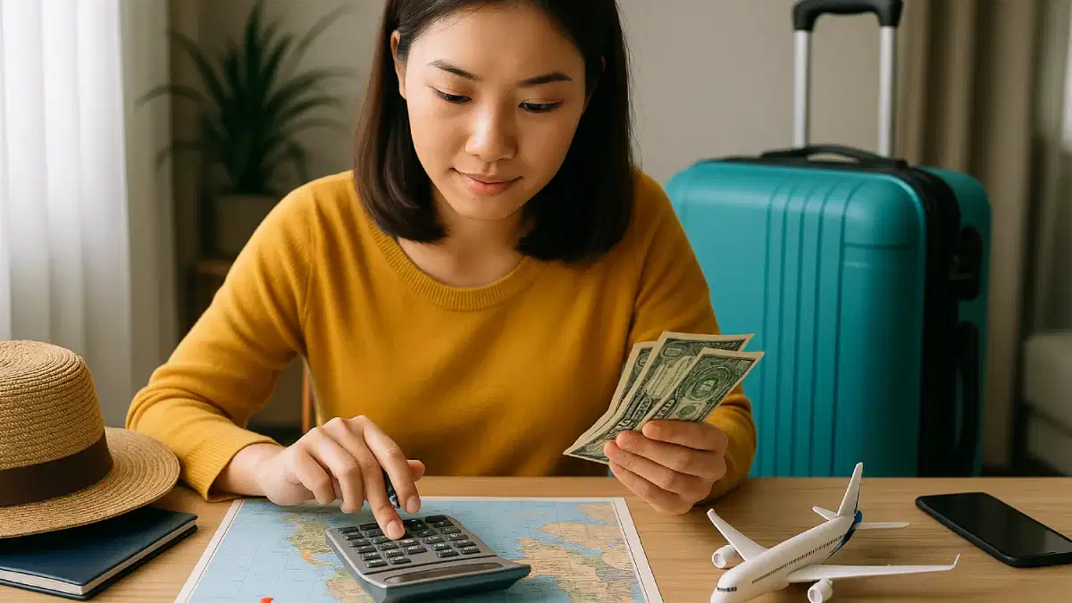 Seorang perempuan muda duduk di meja dengan kalkulator, uang dolar, peta dunia, dan koper biru di belakangnya, melambangkan Tips Liburan Hemat 2025 yang fokus pada pengelolaan anggaran secara cermat.