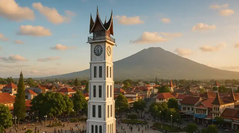Menara Jam Gadang Bukittinggi di pusat kota, dikelilingi kawasan Balingka Bukittinggi dengan rumah tradisional dan lanskap perbukitan hijau yang menawan.