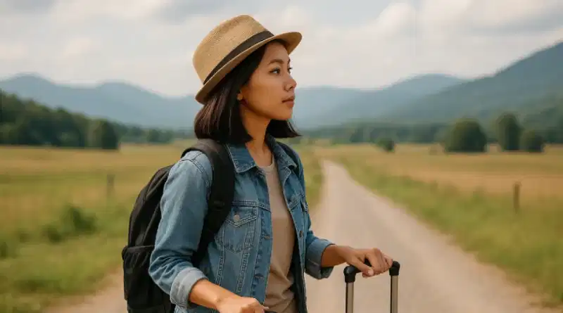 Seorang wanita muda berdiri di tepi jalan tanah dengan latar belakang pegunungan dan ladang luas. Ia memakai topi krem, jaket denim, dan sedang menarik koper kecil, menunjukkan persiapan untuk cara traveling sendiri yang independen dan penuh petualangan.