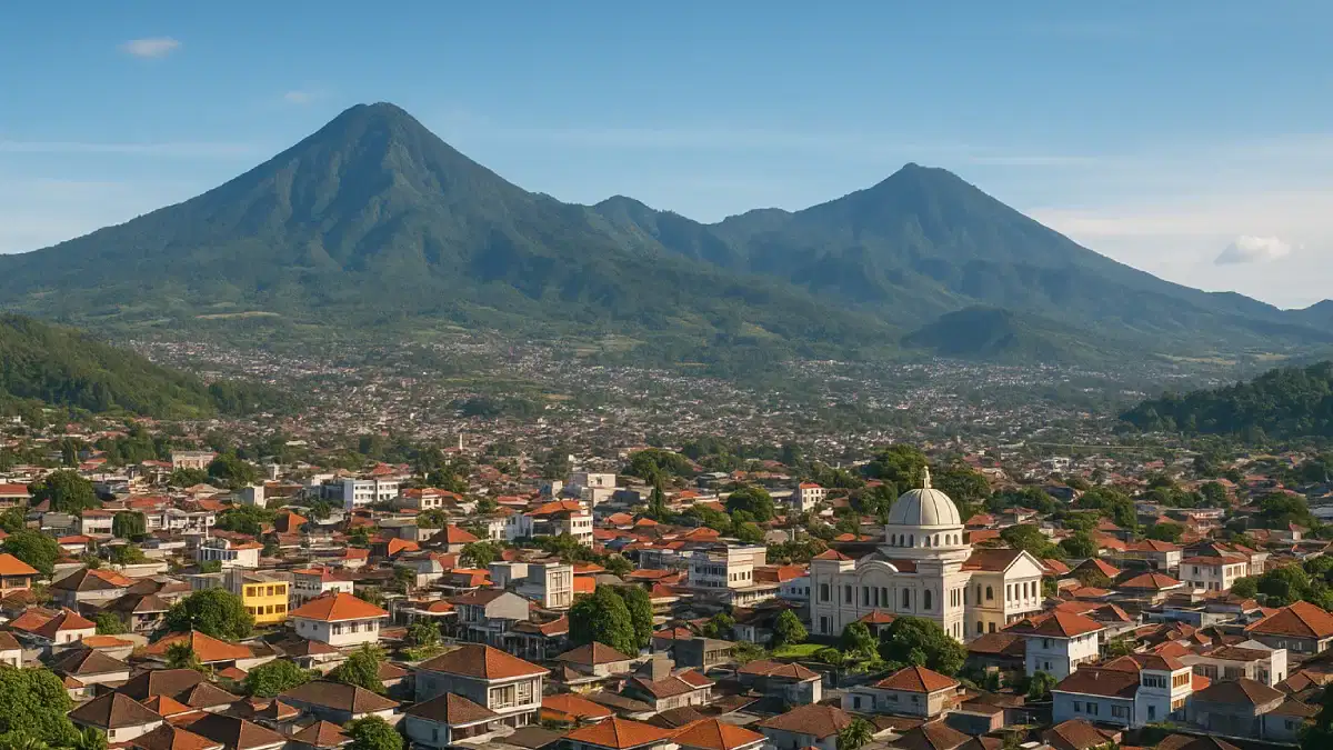 Panorama kota dengan latar pegunungan hijau dan langit biru, melambangkan pesona wisata di Batu Malang yang menyatu antara alam, budaya, dan rekreasi.
