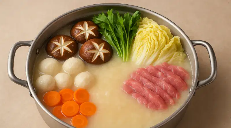Mangkuk hotpot kolagen dengan kaldu jernih, berisi daging merah muda, wortel iris, tahu ikan bulat, jamur bintang, bayam Cina putih, dan daun herba hijau di atas meja krem.