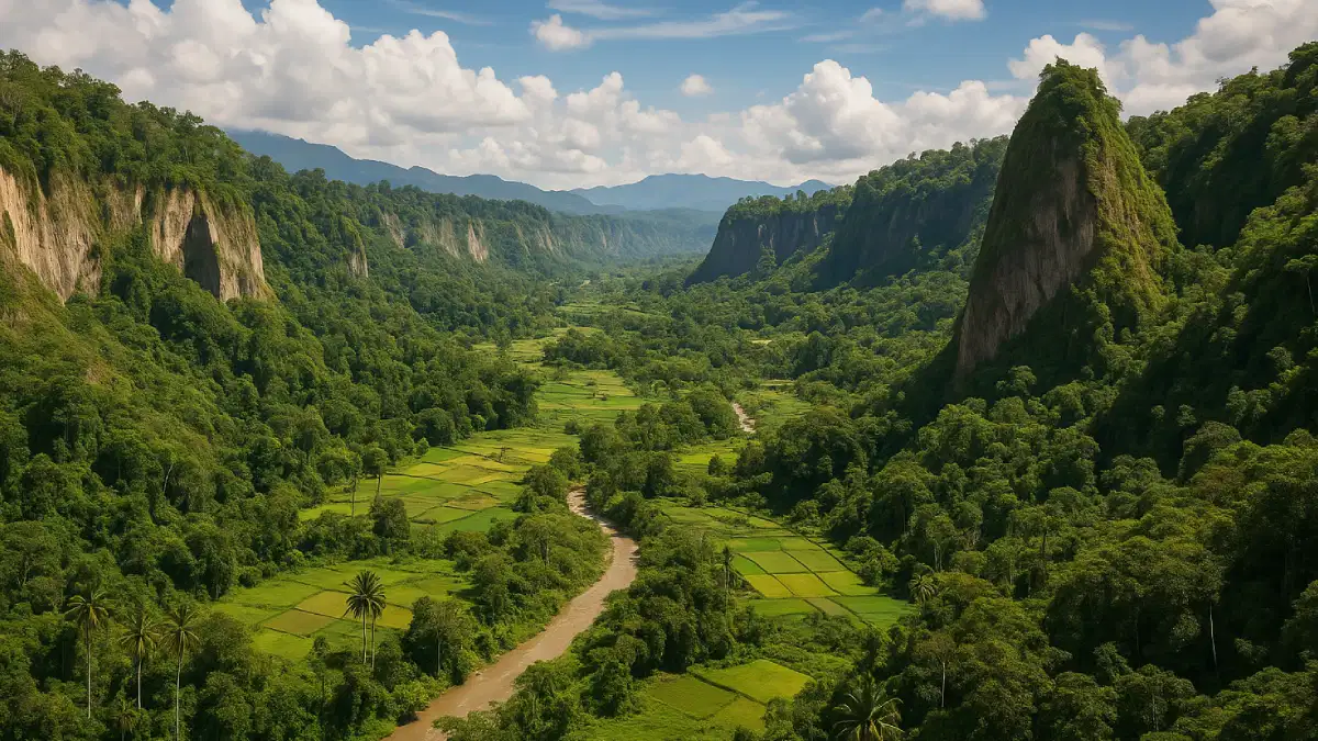 Panorama Ngarai Sianok menampilkan lembah hijau dengan sungai melengkung, dikelilingi tebing tinggi dan hutan lebat. Langit biru bersih dengan awan putih menghiasi pemandangan alam yang luas.