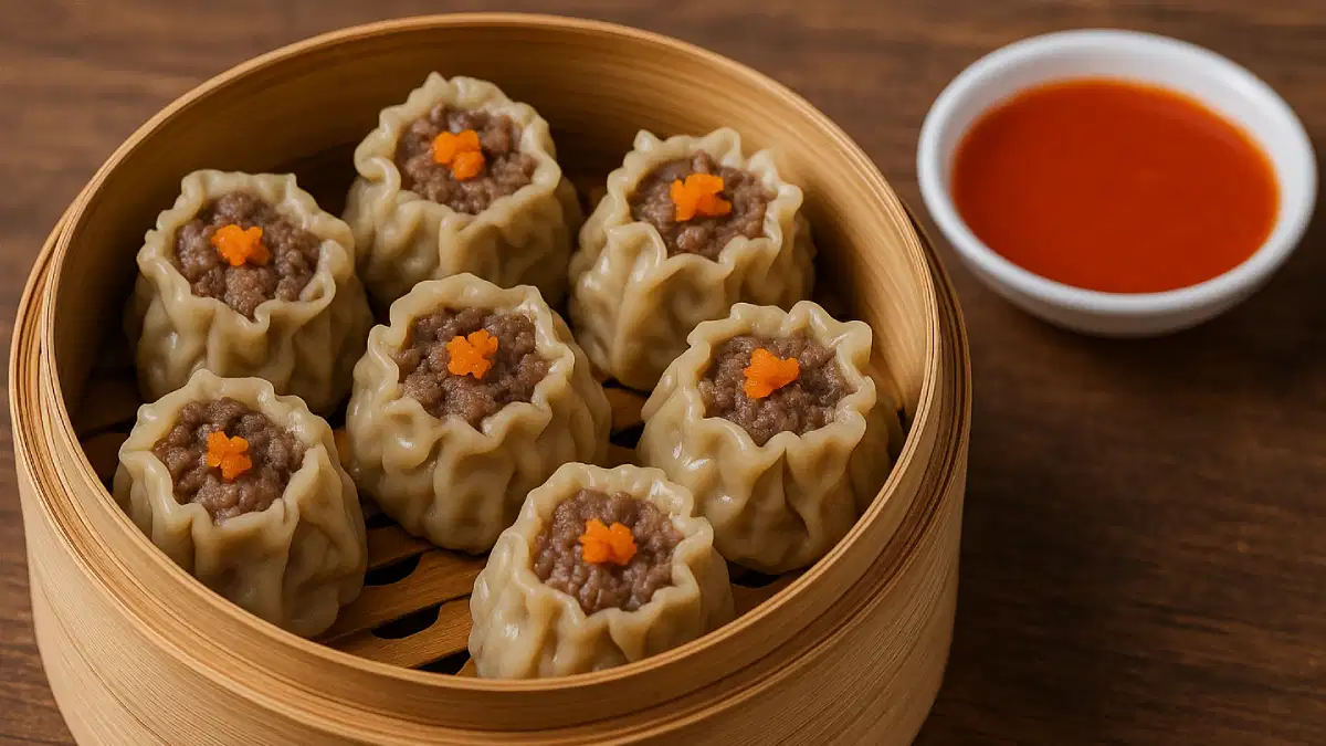 Siomay sapi Indonesia berisi daging sapi gurih.