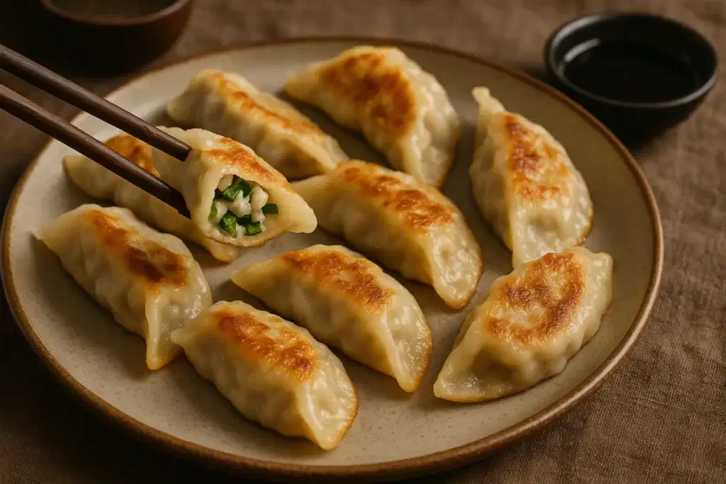 Piring kuotie renyah dengan ujung terbuka yang memperlihatkan isian sayuran hijau, disajikan dengan saus hitam.