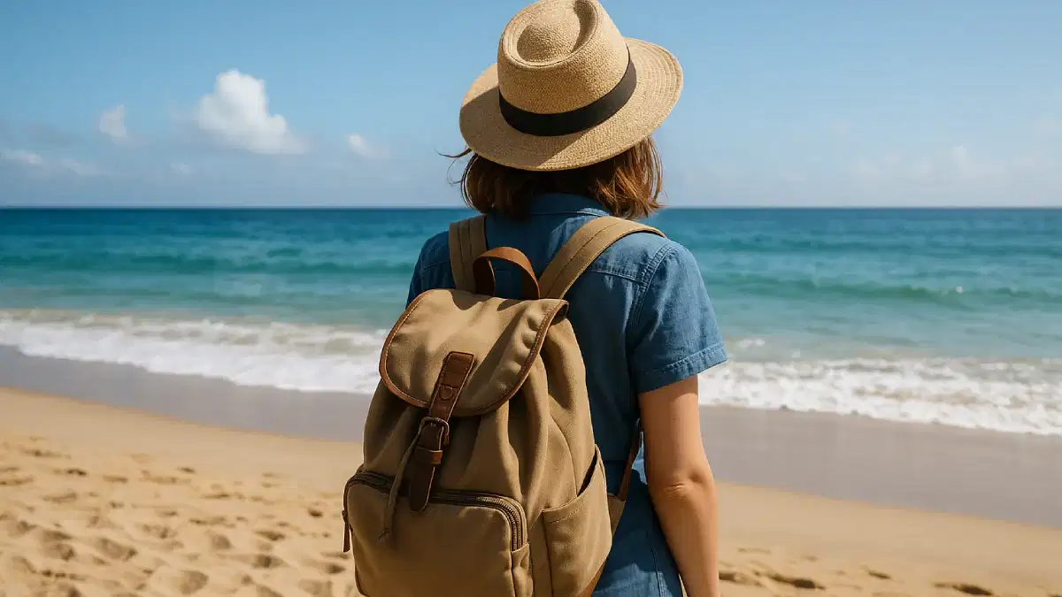 Seorang wanita menikmati long weekend di pantai dengan ransel dan topi, menghadap ke laut lepas.