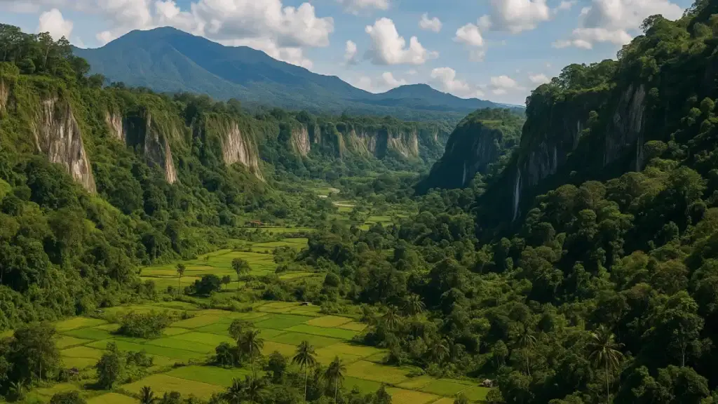 Panorama Ngarai Sianok menampilkan jurang tinggi dengan tebing batuan dan hutan lebat di kedua sisi, serta sawah hijau yang luas di bawahnya.