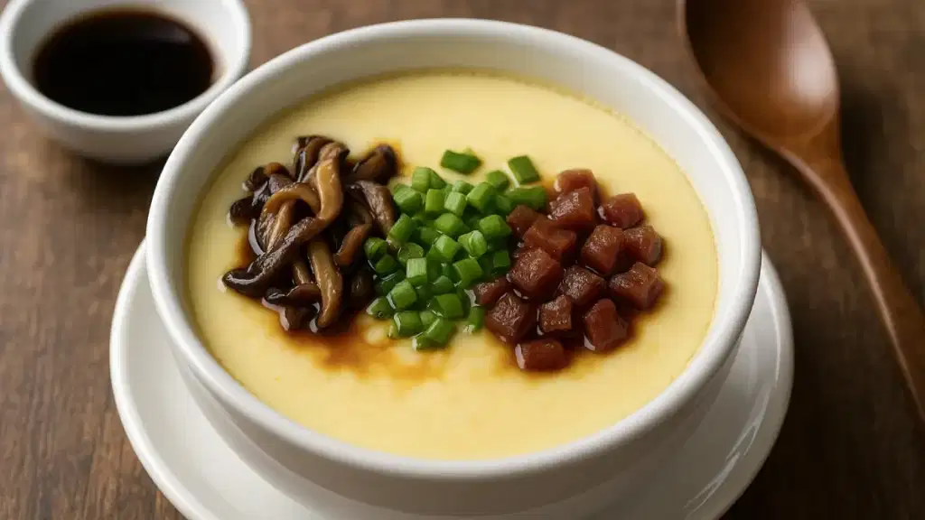 Gambar hidangan steam telur Hongkong dengan tekstur lembut, hiasan daun bawang, dan kuah kaldu bening dalam porsi elegan.