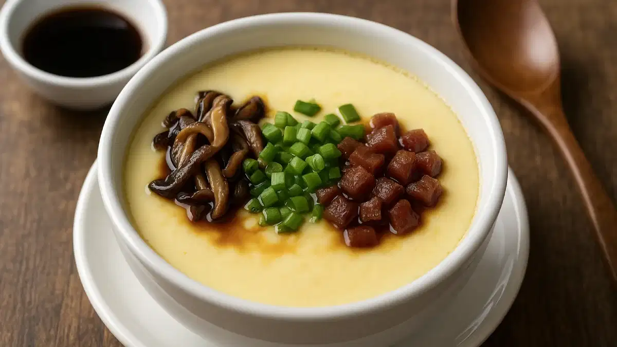 Gambar hidangan steam telur Hongkong dengan tekstur lembut, hiasan daun bawang, dan kuah kaldu bening dalam porsi elegan.