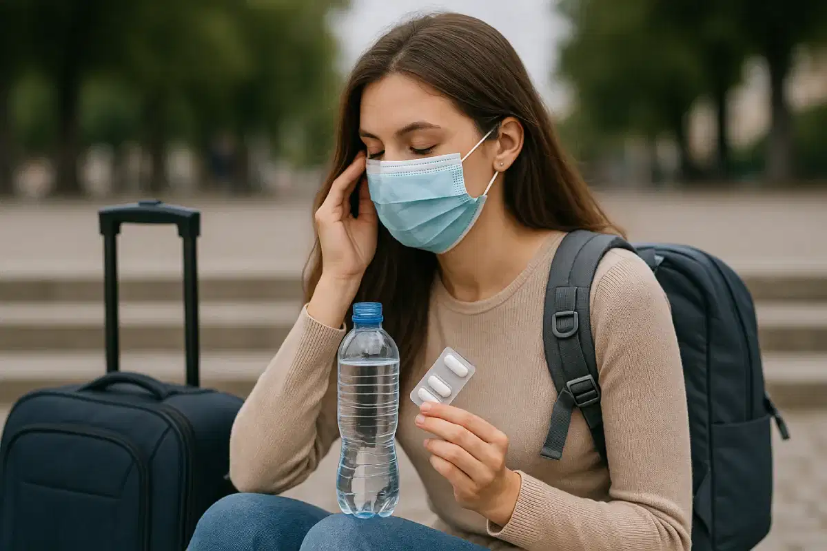 Seorang wanita beristirahat di pinggir jalan sambil minum obat dan air putih, menggunakan masker pelindung, sebuah ilustrasi Tips Jaga Kesehatan Saat Traveling yang praktis dan penting.