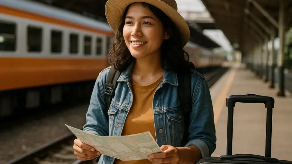 Seorang perempuan muda dengan ransel dan koper berdiri di stasiun kereta api, memegang peta sambil tersenyum, melambangkan Tips Liburan Hemat 2025 yang fokus pada perencanaan matang dan penggunaan transportasi umum untuk mengurangi biaya.