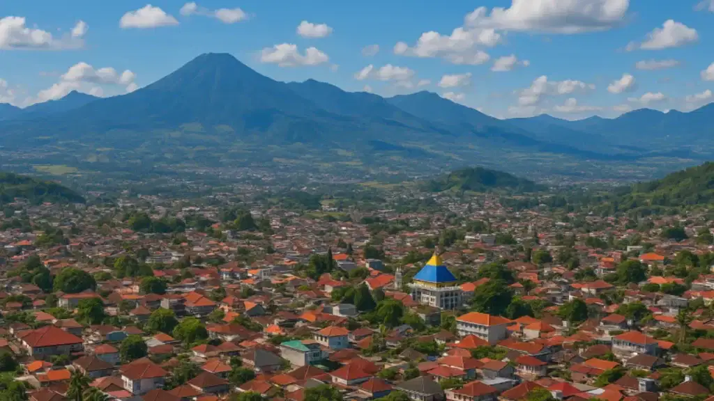 Panorama kota dengan latar pegunungan hijau dan langit biru, melambangkan pesona wisata di Batu Malang yang menyatu antara alam, budaya, dan rekreasi.