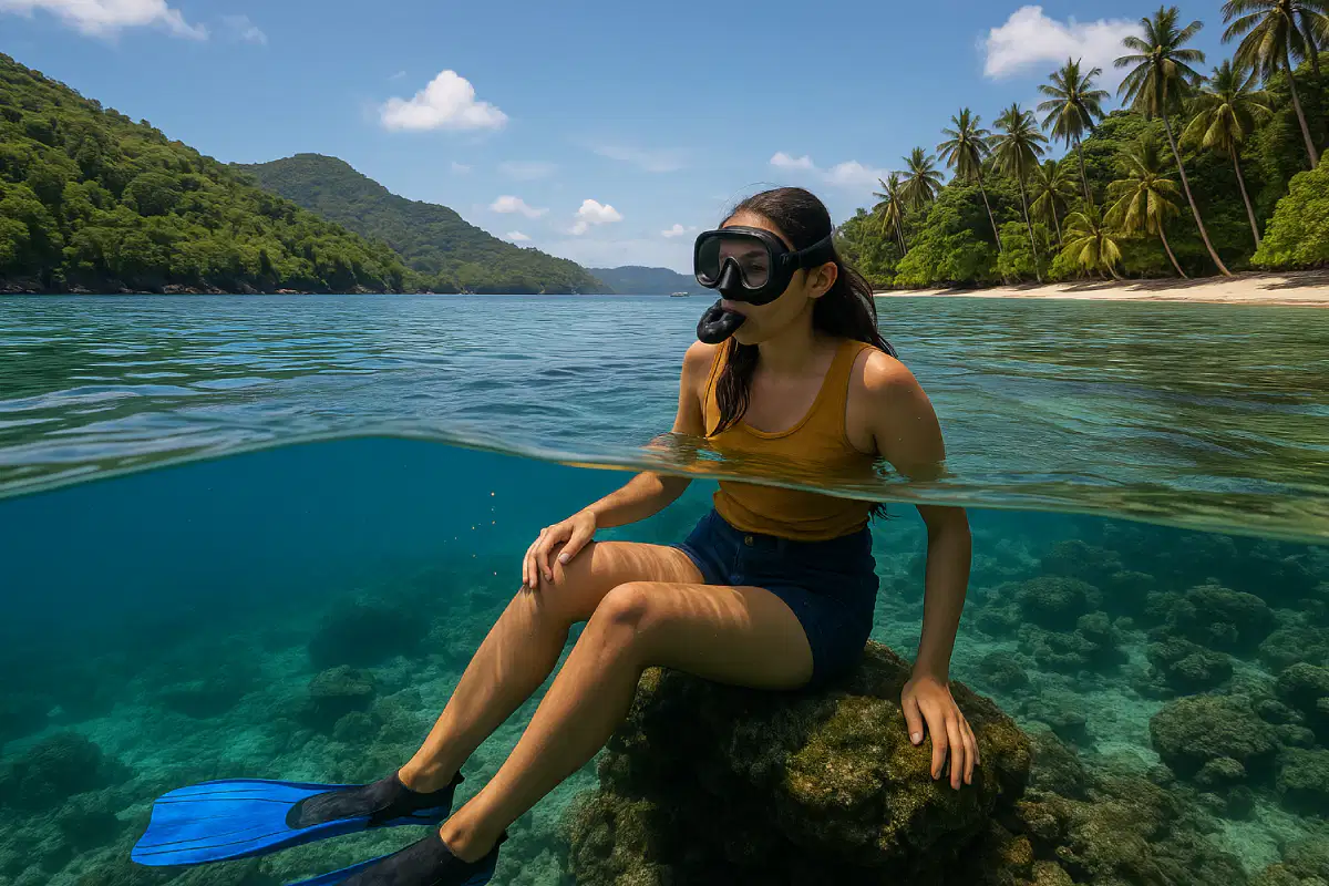 Ilustrasi konseptual aktivitas seru yang dilakukan di Pulau Weh dengan latar bawah laut yang kaya dan pemandangan alam tropis yang memukau.