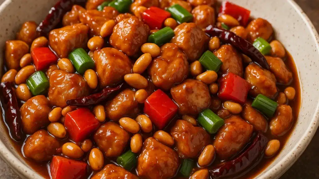 Piring Ayam Kungpao dengan daging ayam renyah, cabai merah, kacang tanah, dan saus mengilap berwarna cokelat keemasan merupakan hidangan Tiongkok yang populer di Indonesia dengan rasa pedas-manis khas.