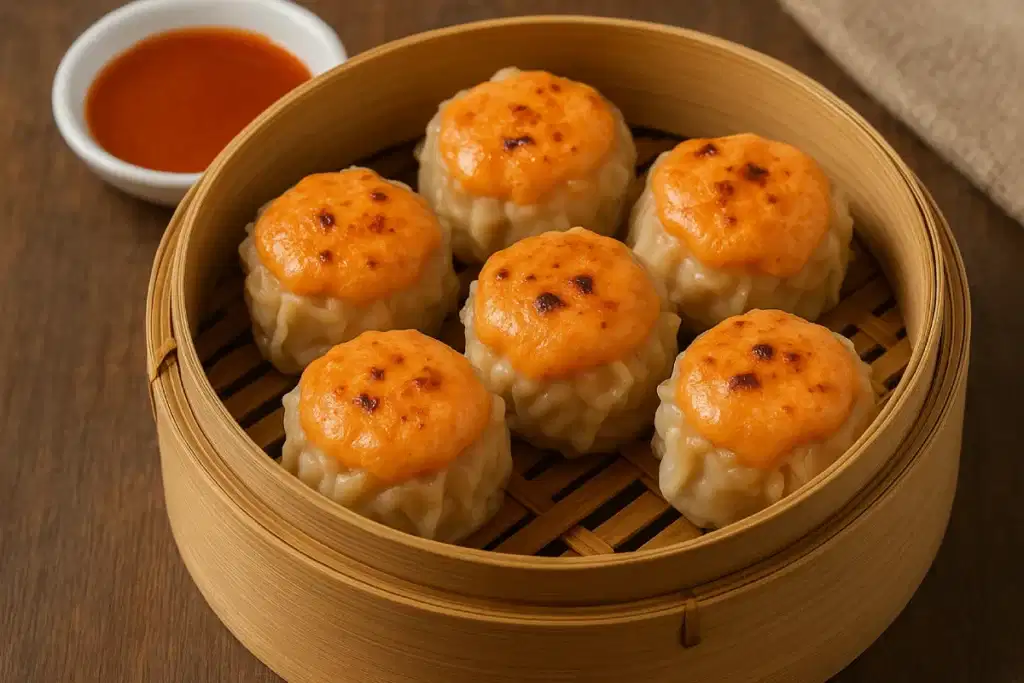 Dimsum mentai dalam wadah bambu dengan saus merah di sampingnya.