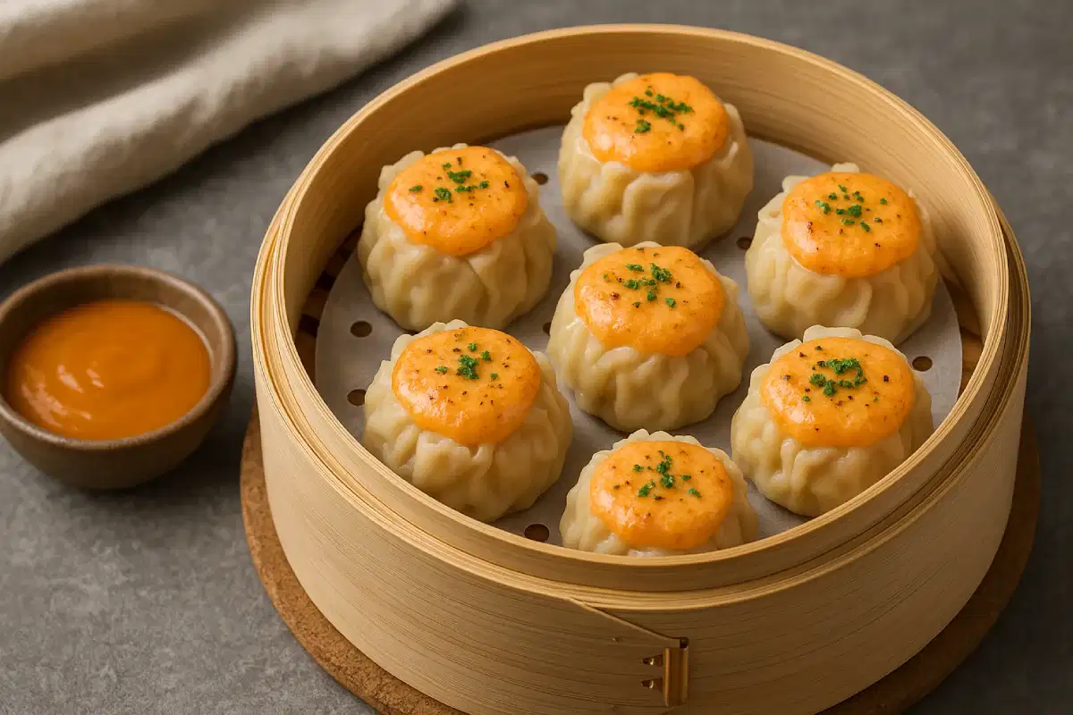 Fakta dimsum mentai menampilkan siomay goreng dengan topping keju dan saus merah di atas piring bambu tradisional.