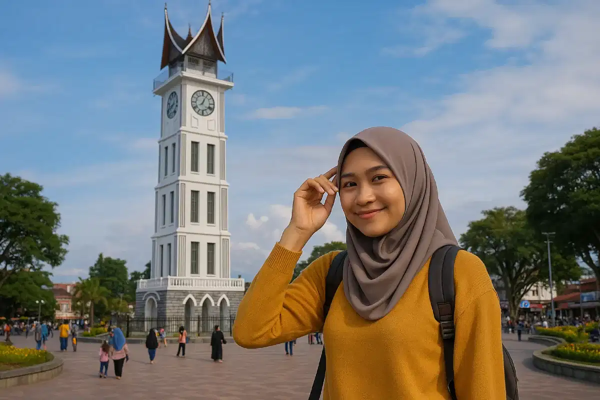 Seorang wanita tersenyum ceria di depan Menara Jam Bukittinggi, ikon wisata yang menjadi simbol wisata Bukittinggi.