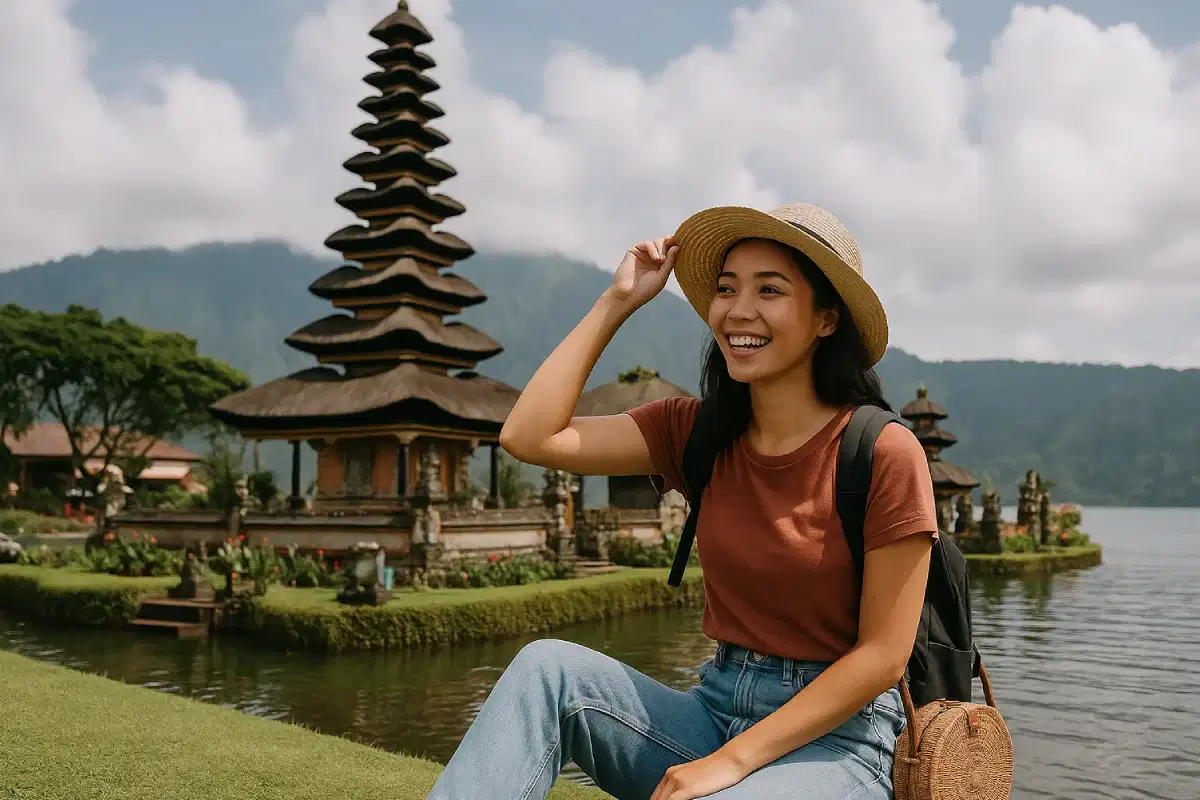 Seorang wanita duduk di tepi danau dengan pura tradisional Bali di latar belakang, menunjukkan bahwa Tips Liburan ke Bali Hemat bisa menyenangkan tanpa mengorbankan pengalaman yang berkualitas.