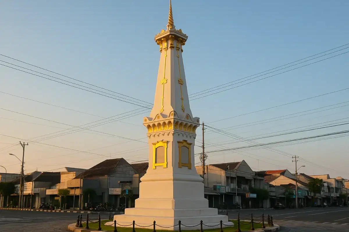 Tugu Yogyakarta yang menampilkan monumen ikonik berbentuk lingga dengan latar budaya dan sejarah Kota Yogyakarta.