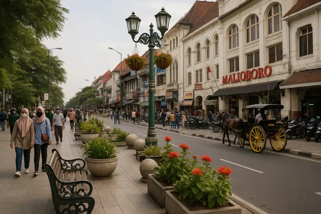 Wisata Jogja dekat Malioboro yang menampilkan suasana khas kota tua, jalan raya ramai, dan destinasi budaya di sekitar pusat kota.