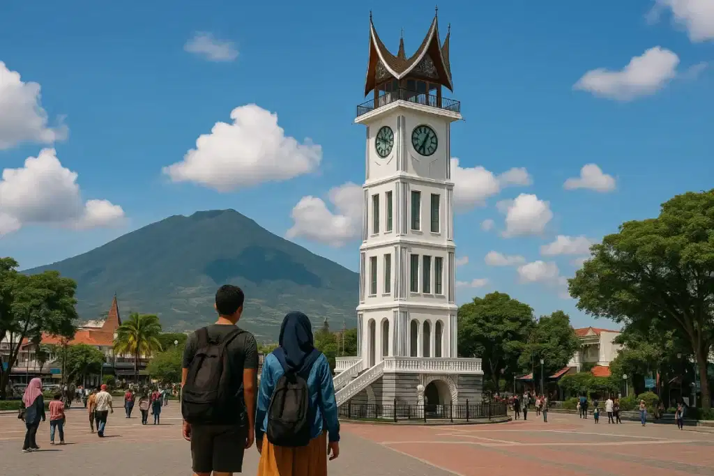 Dua wisatawan menikmati pemandangan Menara Jam Bukittinggi dengan gunung hijau sebagai latar belakang, menjadi ikon wisata khas Kota Bukittinggi.