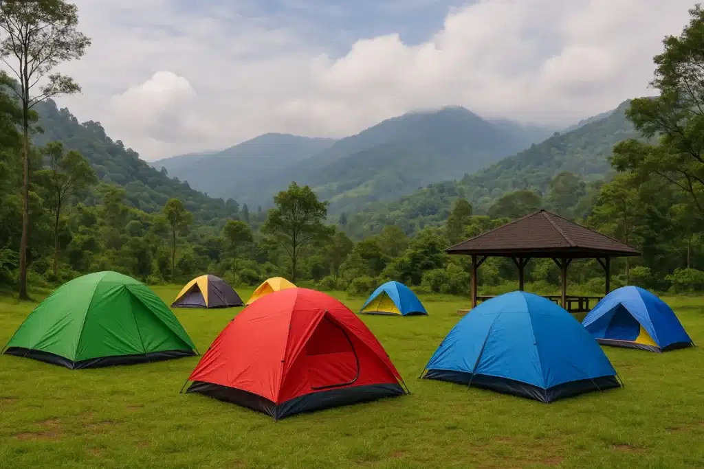 camping ground murah Puncak dengan tenda-tenda berjajar di hamparan rumput hijau, dikelilingi pepohonan tinggi dan udara sejuk khas pegunungan.