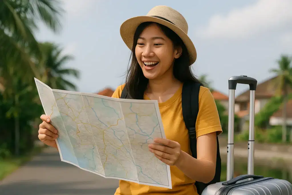 Suasana liburan ceria dengan keluarga di alam terbuka yang menunjukkan liburan murah meriah tanpa beban biaya berlebih.