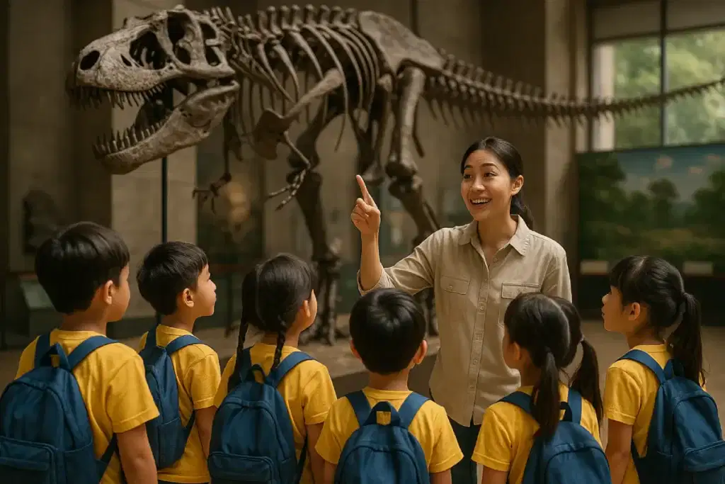 wisata edukasi anak di museum, seorang guru mengajarkan siswa tentang fosil dinosaurus sambil menjelaskan secara interaktif dan menyenangkan.