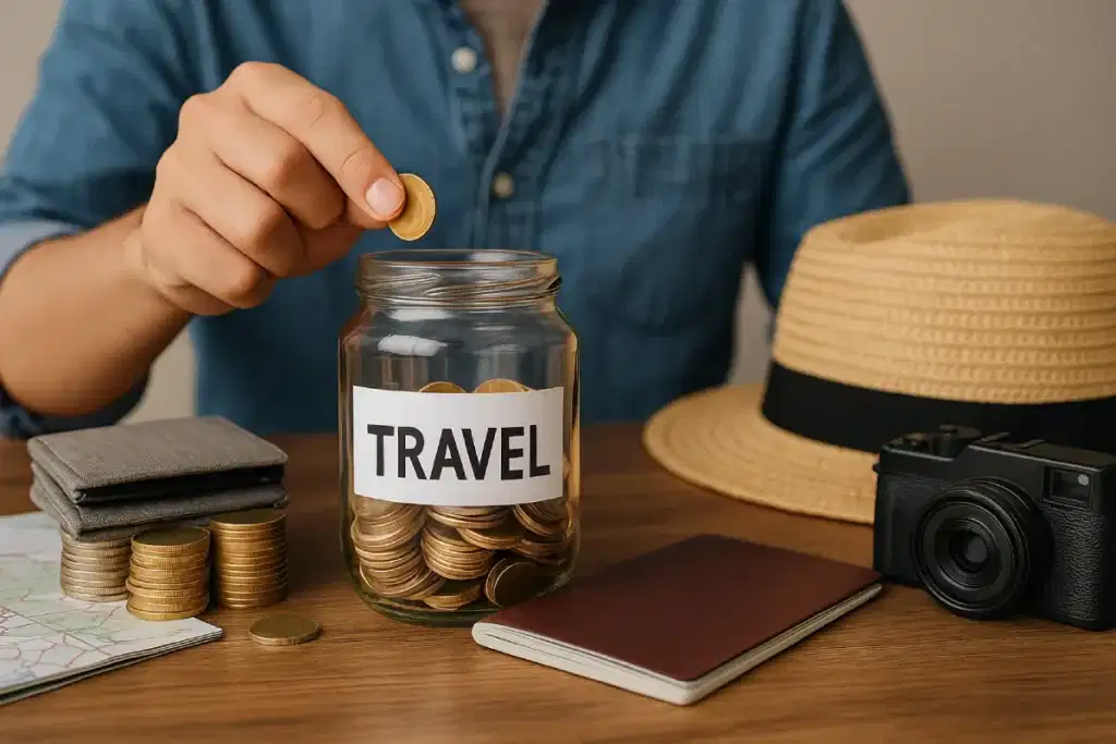Seorang pria memasukkan uang ke celengan bertuliskan travel dikelilingi paspor dan kamera sebagai bentuk tips menabung untuk travel yang sederhana dan efektif