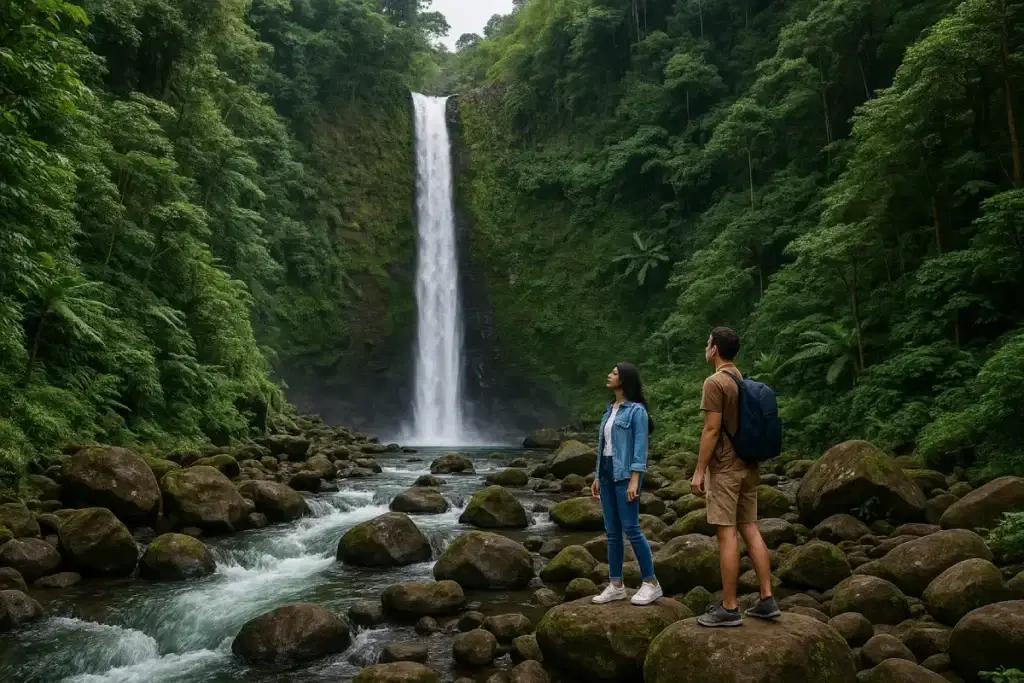 Pasangan wisatawan menikmati pemandangan air terjun di tengah hutan lebat, salah satu destinasi populer dalam wisata Purwokerto.