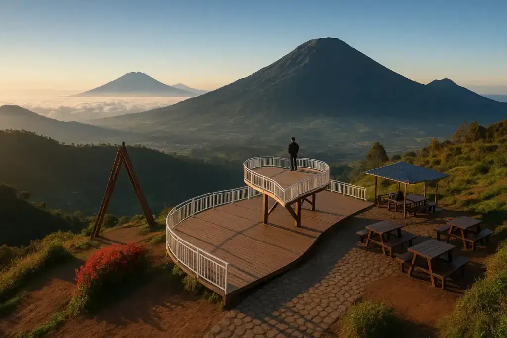 Seorang pengunjung berdiri di atas platform terbuka dengan pemandangan luas bukit angkruk Dieng, menikmati keindahan alam dan gunung-gunung yang menghampar di latar belakang.