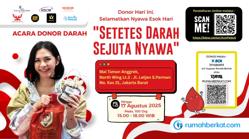 Infografis kegiatan donor darah dengan tema Setetes Darah Sejuta Nyawa ke-9 di Jakarta Barat, menampilkan lokasi dan waktu pelaksanaan.