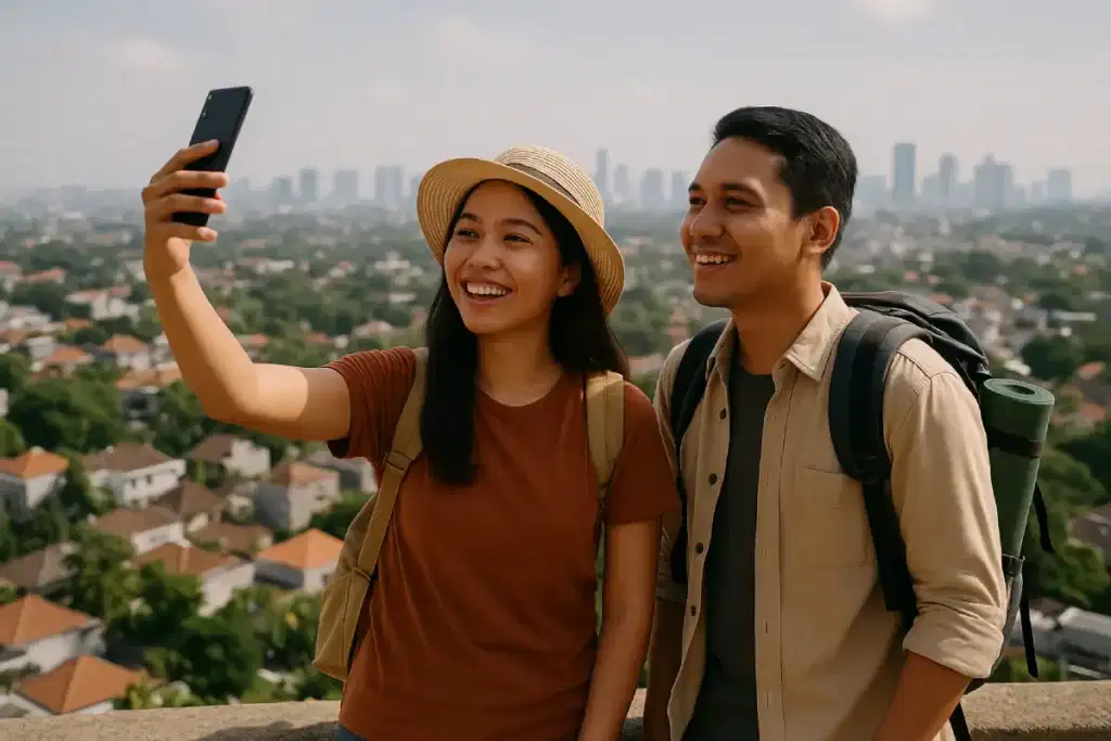 Seorang pasangan sedang berfoto selfie di puncak bukit dengan pemandangan kota di latar belakang, menikmati momen liburan long weekend yang menyenangkan.