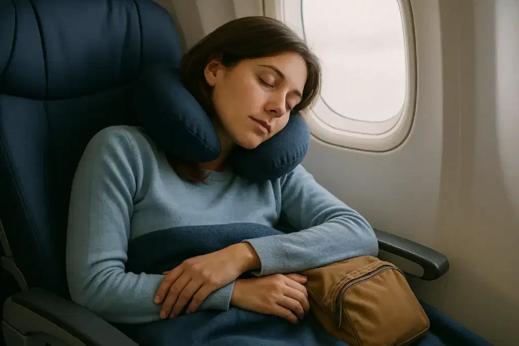 Seorang wanita tidur dengan nyaman di kursi pesawat, menggunakan bantal leher untuk mendukung kepala, menunjukkan pentingnya tips agar cepat tidur saat bepergian.