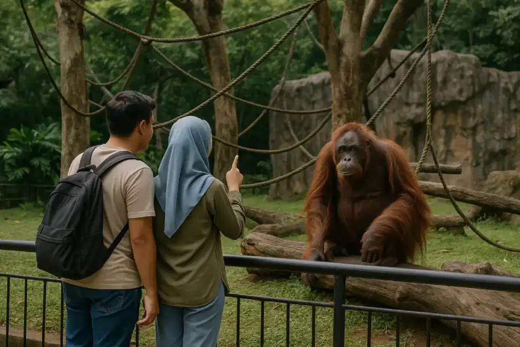Seorang pasangan menikmati pengalaman berwisata di Ragunan, melihat seekor orangutan dengan penuh antusias, mencerminkan kegembiraan dalam menjelajahi keindahan alam dan hewan di kawasan wisata ini.