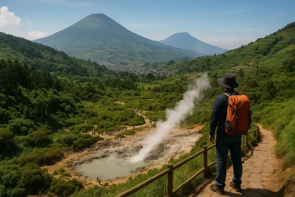 Seorang pengunjung berdiri di depan kawah vulkanik dengan asap mengepul dan latar pegunungan, menikmati keindahan alam dalam perjalanan wisata Dieng Wonosobo