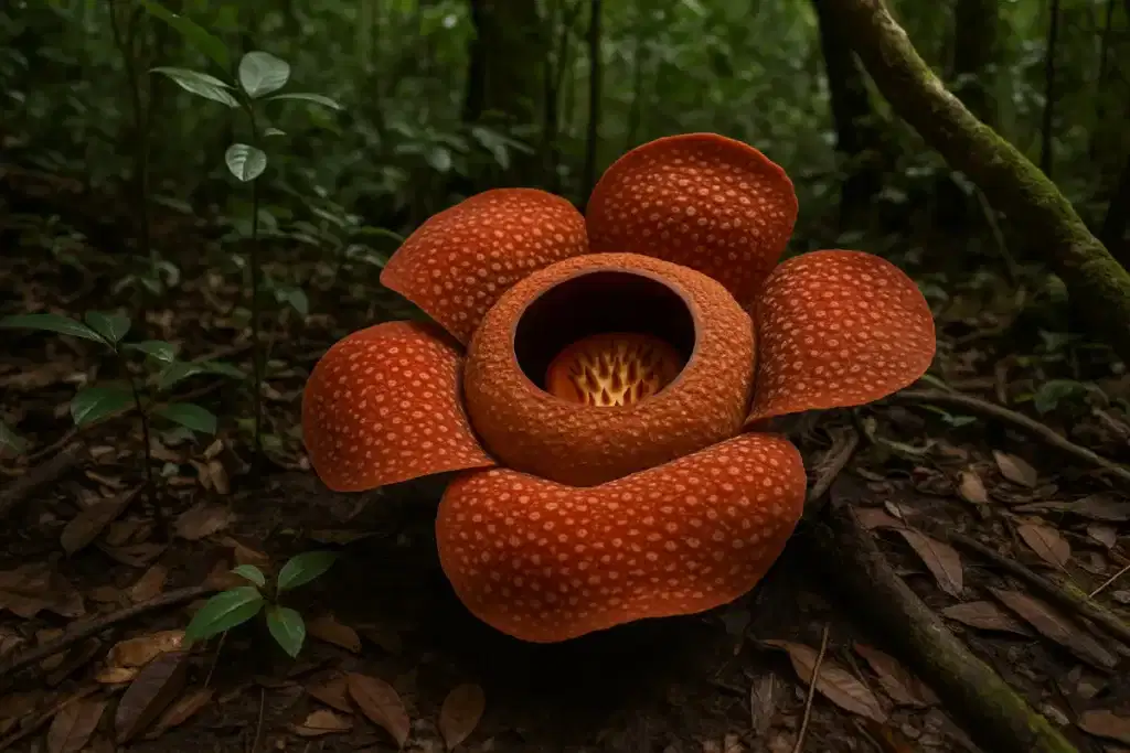 Bunga Rafflesia yang besar dan berwarna merah kecokelatan tumbuh di hutan lebat, menggambarkan keunikan fakta bunga rafflesia.