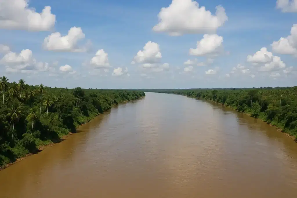 Pemandangan udara sungai lebar yang mengalir melalui hutan tropis, menggambarkan sungai terpanjang di Indonesia.