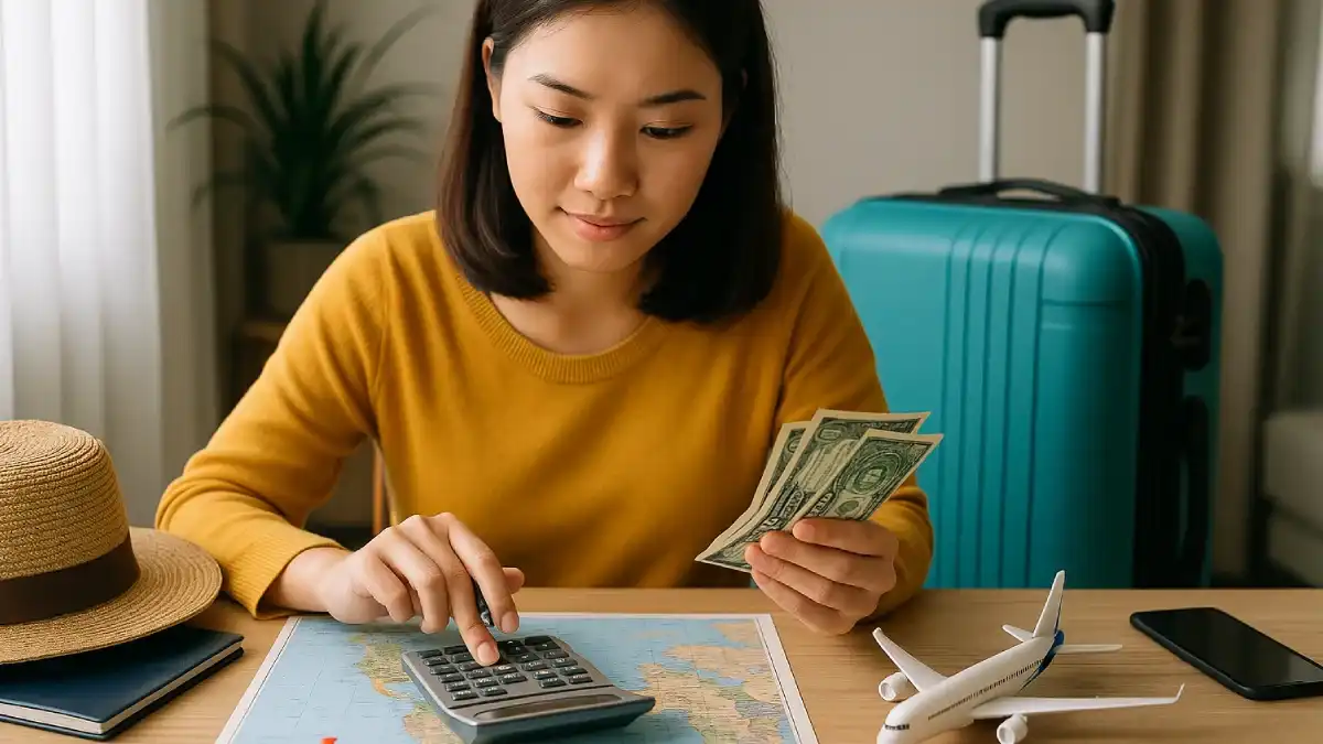 Seorang perempuan muda duduk di meja dengan kalkulator, uang dolar, peta dunia, dan koper biru di belakangnya, melambangkan Tips Liburan Hemat 2025 yang fokus pada pengelolaan anggaran secara cermat.