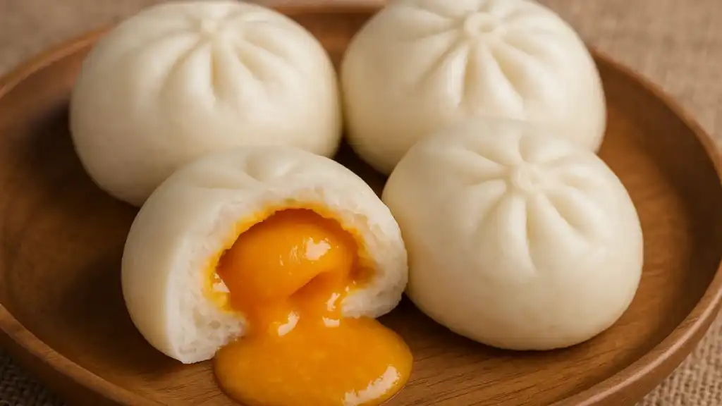 Empat bakpao telur asin putih dalam mangkuk kayu; satu terbelah memperlihatkan isian kuning emas, di atas kain burlap.