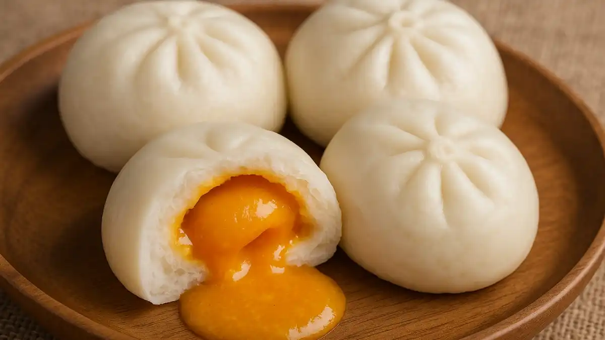 Empat bakpao telur asin putih dalam mangkuk kayu; satu terbelah memperlihatkan isian kuning emas, di atas kain burlap.