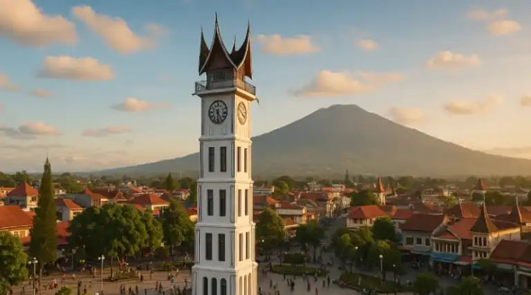 Menara Jam Gadang Bukittinggi di pusat kota, dikelilingi kawasan Balingka Bukittinggi dengan rumah tradisional dan lanskap perbukitan hijau yang menawan.