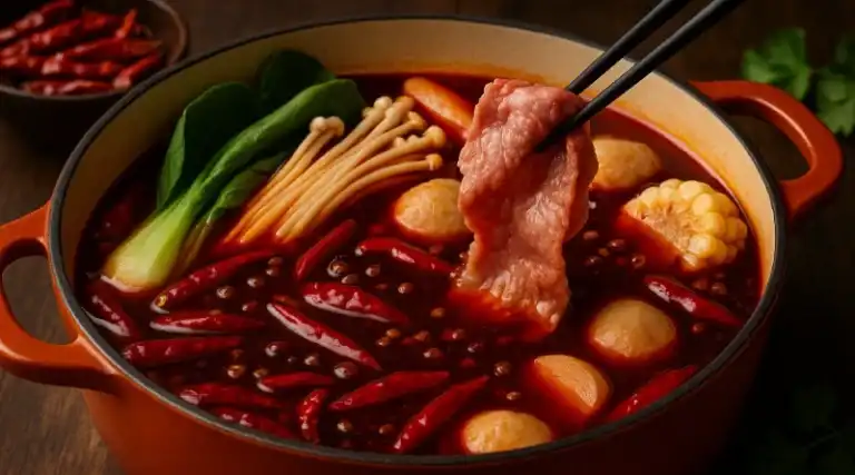 Piring hotpot kuah mala dengan daging merah muda yang diangkat menggunakan chopstick, disertai cabai merah, jamur, bayam Cina, jagung, dan bola-bola tahu dalam kaldu berwarna cokelat tua.
