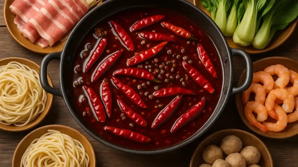 Ilustrasi simbolis hotpot mala dengan panci besar berisi kuah merah pedas yang mendidih, dikelilingi bahan-bahan seperti daging sapi, jamur, dan sayuran segar, melambangkan pengalaman kuliner yang kaya akan rasa dan aroma.