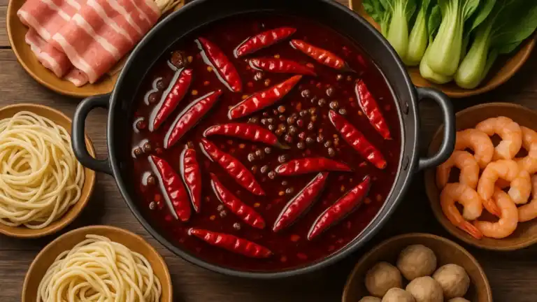 Ilustrasi simbolis hotpot mala dengan panci besar berisi kuah merah pedas yang mendidih, dikelilingi bahan-bahan seperti daging sapi, jamur, dan sayuran segar, melambangkan pengalaman kuliner yang kaya akan rasa dan aroma.