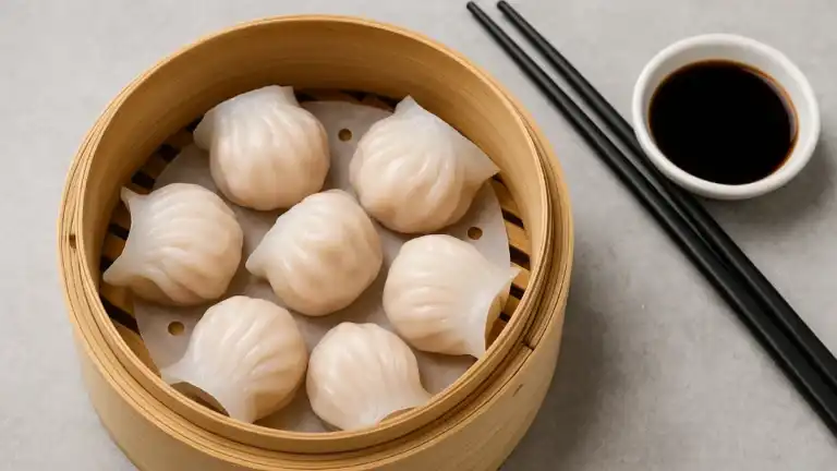 Nampan bambu berisi tujuh hakau putih lembut, disajikan dengan saus hitam dan sepasang sumpit di atas latar abu-abu.