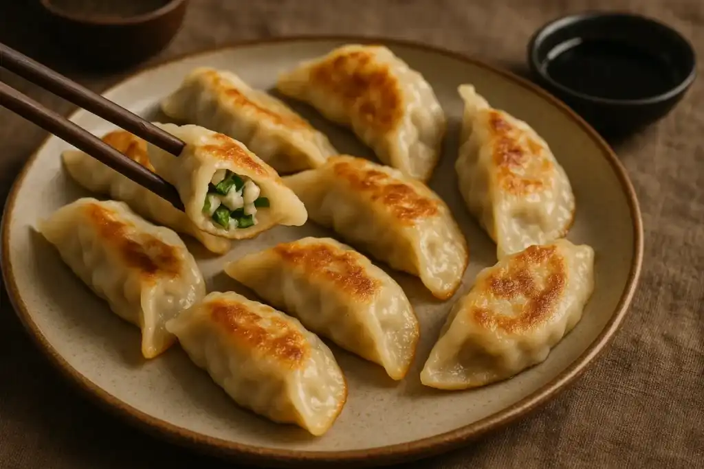 Piring kuotie renyah dengan ujung terbuka yang memperlihatkan isian sayuran hijau, disajikan dengan saus hitam.