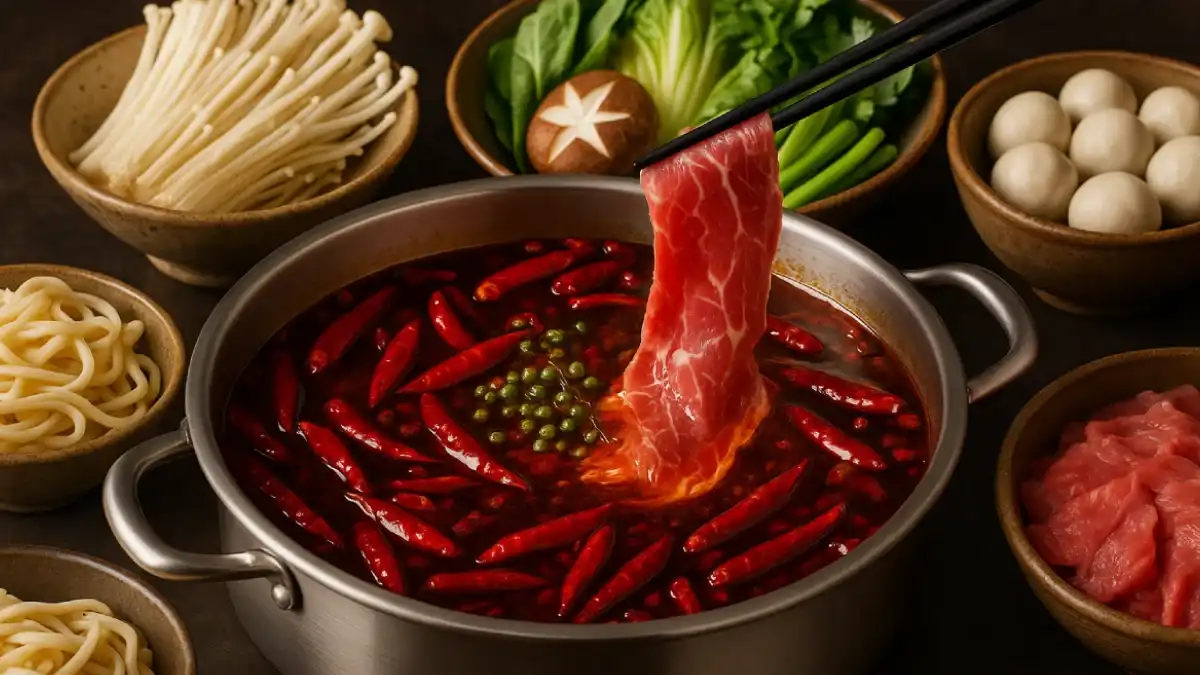 Ilustrasi simbolis hotpot mala dengan panci besar berisi kuah merah pedas yang mendidih, dikelilingi bahan-bahan seperti daging sapi, jamur, dan sayuran segar, melambangkan pengalaman kuliner yang kaya akan rasa dan aroma.