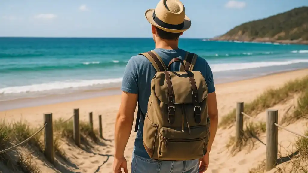 Seorang pria berjalan menuju pantai dengan ransel dan topi, menikmati suasana liburan di hari long weekend.