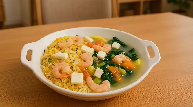 Sebuah mangkuk oval putih dengan dua pegangan berisi nasi muifan yang dicampurkan dengan biji jagung, udang merah muda, sayuran hijau (bayam atau sawi), wortel, dan dadu kecil tahu atau keju. Semua bahan terendam dalam kaldu transparan. Mangkuk ditempatkan di atas meja kayu, latar belakangnya adalah ruang dapur hangat dengan kursi kayu dan rak buku.