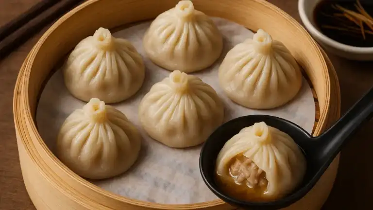 Xia long pao dan xia long bao yang disusun rapi di atas keranjang bambu, menampilkan kulit tipis transparan yang membalut kuah hangat dan isian daging, siap dinikmati dengan seduhan teh panas.